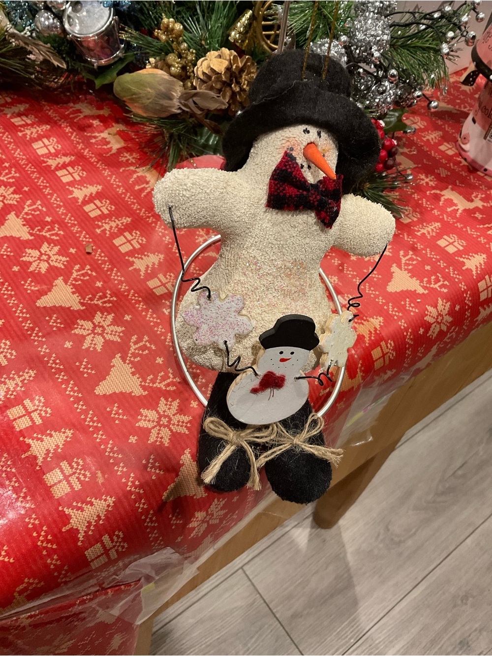 BR-Cream Snowman Ornament with Black Hat and Red Plaid Bow - Holiday Dรฉcor